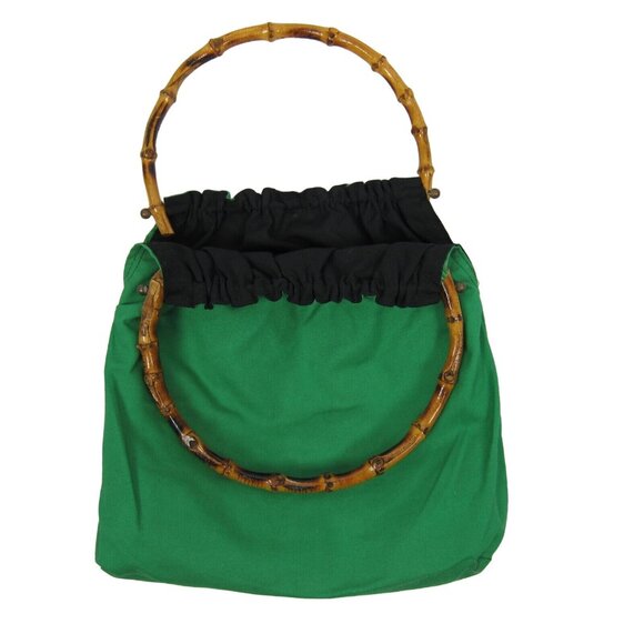 Vintage Tulip Appliqué Bamboo Handle Blue & Green Fabric Handbag Spring 80's - Picture 4 of 9